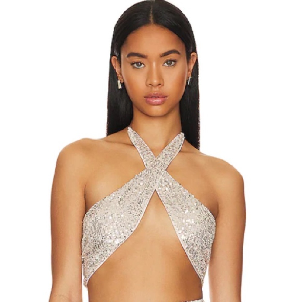 COPY - For Love & Lemons Candice Cross Front Crop Top silver sequins size M